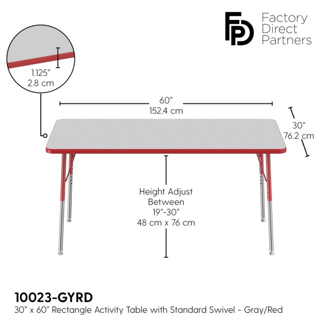 30" x 60" Rectangle Activity Table with Adjustable Swivel Glide Legs - Gray/Red