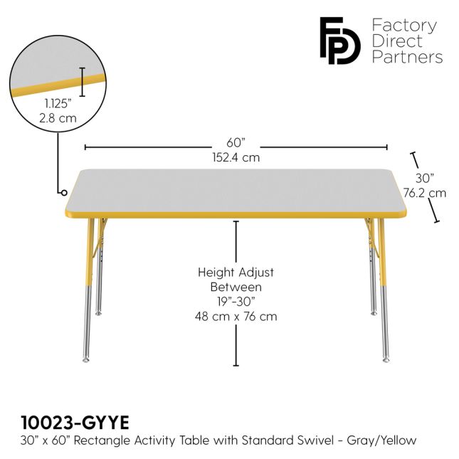 30" x 60" Rectangle Activity Table with Adjustable Swivel Glide Legs - Gray/Yellow