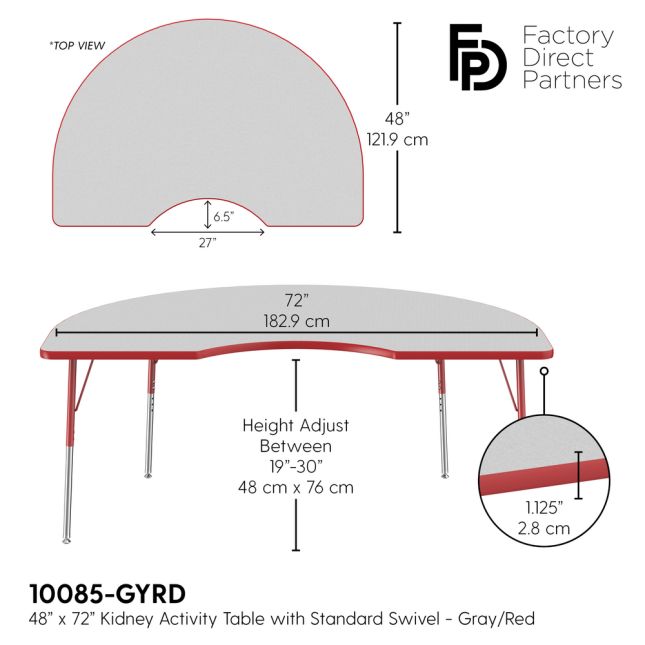 48" x 72" Kidney Activity Table with Adjustable Swivel Glide Legs - Gray/Red