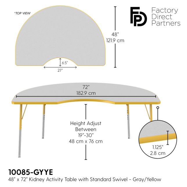 48" x 72" Kidney Activity Table with Adjustable Swivel Glide Legs - Gray/Yellow