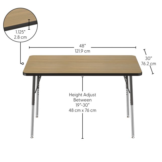 30" x 48" Rectangle T-Molding Activity Table with Adjustable Standard Swivel Glide Legs - Pasadena Oak/Black