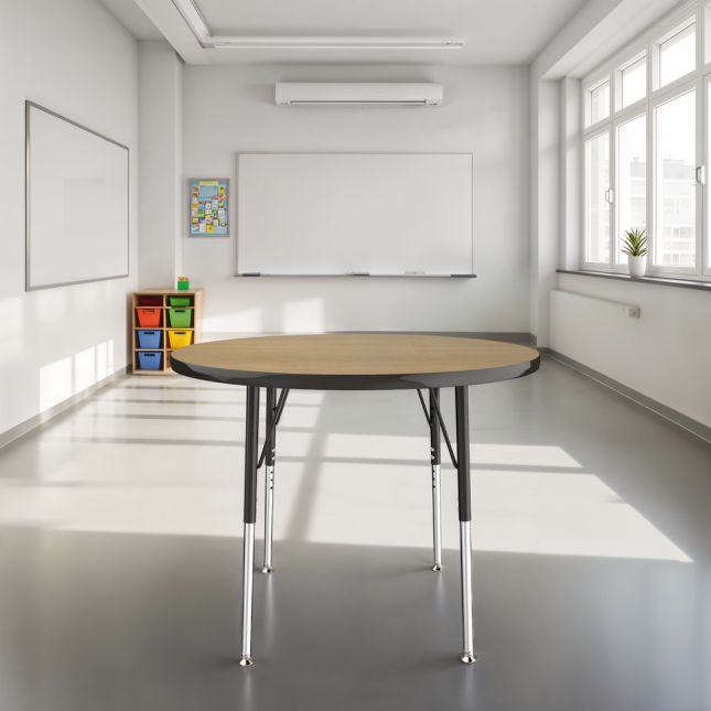 36" Round T-Molding Activity Table with Adjustable Standard Swivel Glide Legs - Pasadena Oak/Black