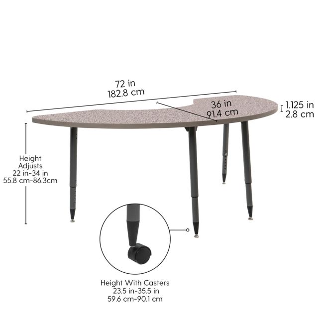 Adapte 36" x 72" Half Moon Thermofused Activity Table with Adjustable Tapered Legs - Gray/North Sea