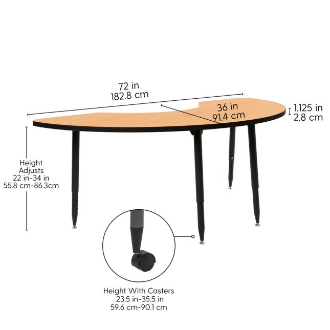 Adapte 36" x 72" Half Moon Thermofused Activity Table with Adjustable Tapered Legs - Maple/Black