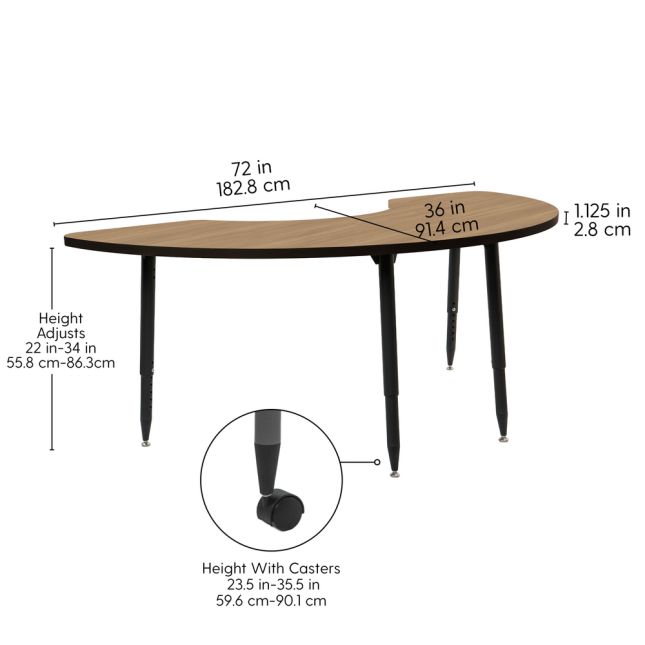 Adapte 36" x 72" Half Moon Thermofused Activity Table with Adjustable Tapered Legs - Pasadena Oak/Black