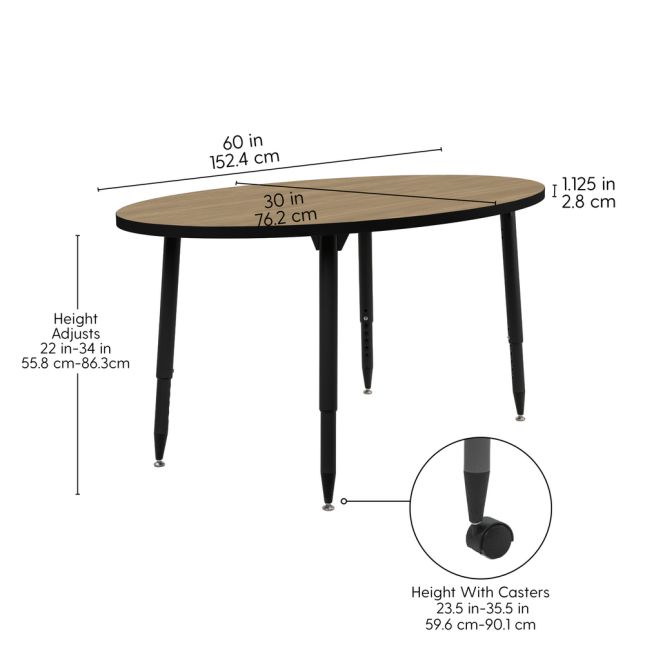 Adapte 30" x 60" Oval Thermofused Activity Table with Adjustable Tapered Legs - Pasadena Oak/Black