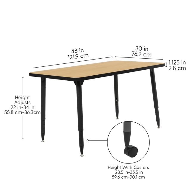 Adapte 30" x 48" Rectangle Thermofused Activity Table with Adjustable Tapered Legs - Maple/Black