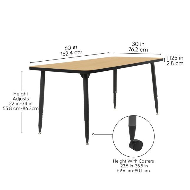 Adapte 30" x 60" Rectangle Thermofused Activity Table with Adjustable Tapered Legs - Maple/Black