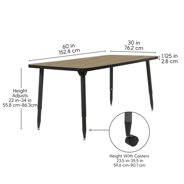 Adapte 30" x 60" Rectangle Thermofused Activity Table with Adjustable Tapered Legs - Pasadena Oak/Black