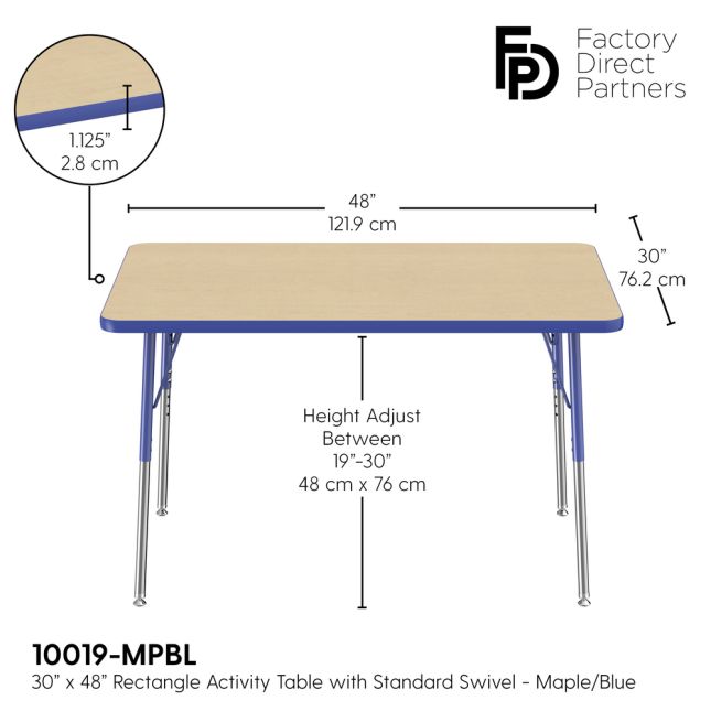 30" x 48" Rectangle T-Molding Activity Table with Adjustable Standard Swivel Glide Legs - Maple/Blue
