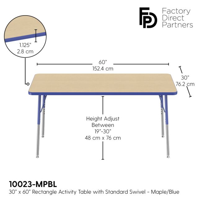 30" x 60" Rectangle Activity Table with Standard Legs - Maple/Blue
