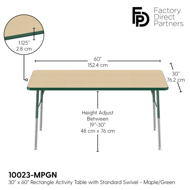 30" x 60" Rectangle Activity Table with Standard Legs - Maple/Green
