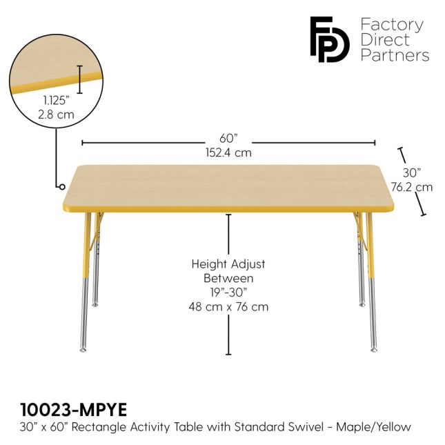 30" x 60" Rectangle Activity Table with Standard Legs - Maple/Yellow