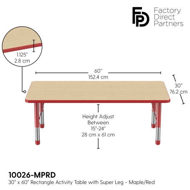 30" x 60" Rectangle Woodgrain Activity Table with Adjustable Chunky Legs - Maple/Red
