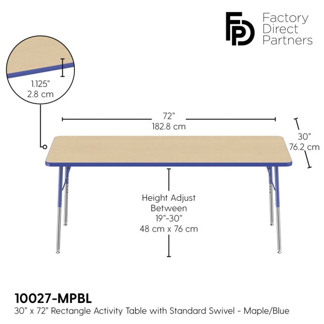 30" x 72" Rectangle La Madera Activity Table with Standard Legs - Maple/Blue
