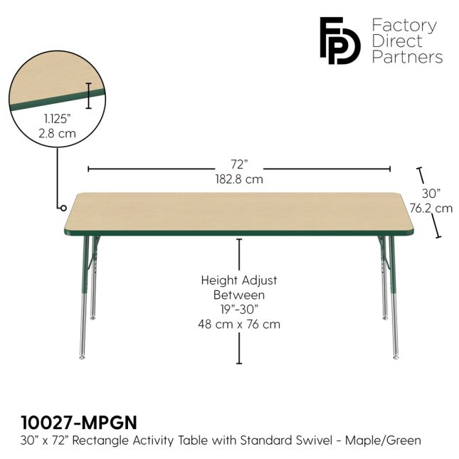 30" x 72" Rectangle La Madera Activity Table with Standard Legs- Maple/Green
