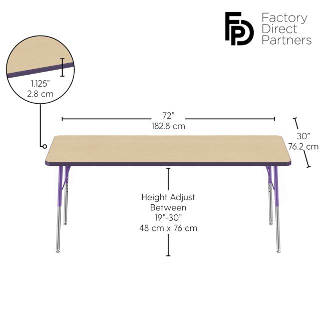 30" x 72" Rectangle La Madera Activity Table with Standard Legs - Maple/Purple