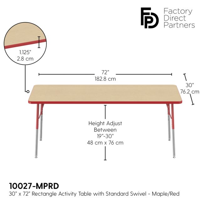 30" x 72" Rectangle La Madera Activity Table with Standard Legs - Maple/Red