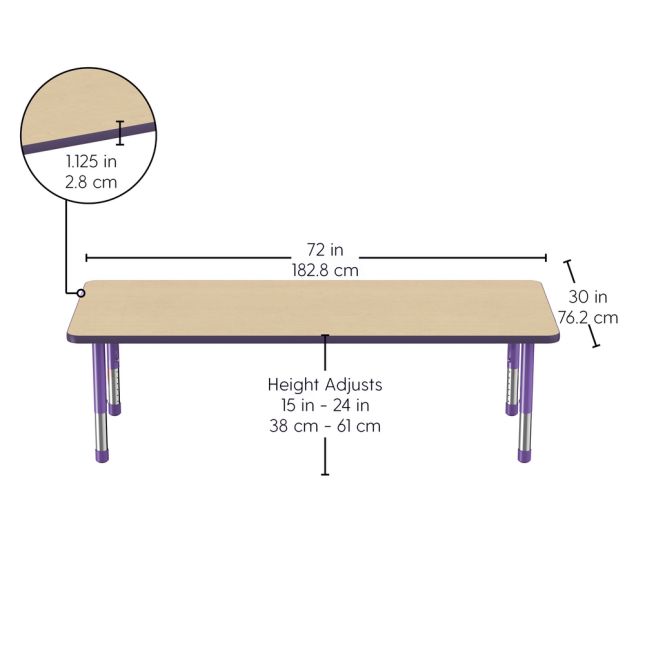 30" x 72" Rectangle Woodgrain Activity Table with Adjustable Chunky Legs - Maple/Purple