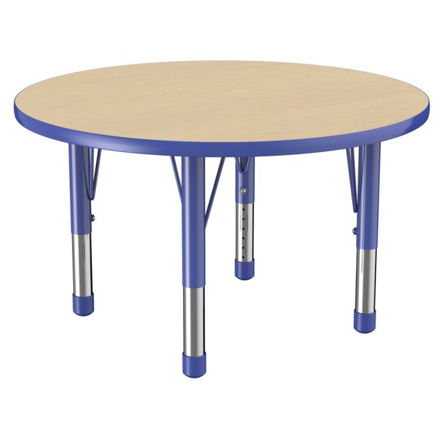 36" Round Thermofused Woodgrain Activity Table with Adjustable Chunky Legs - Maple/Blue