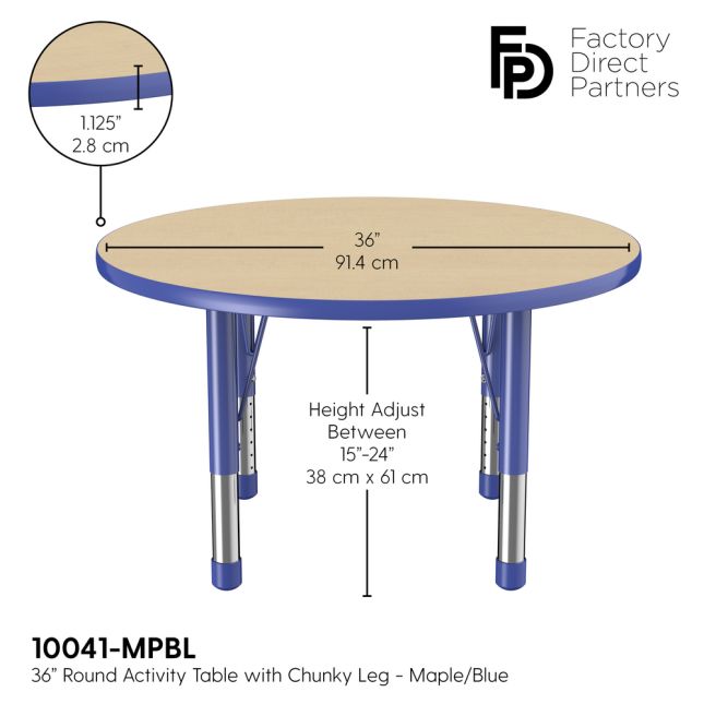 36" Round Thermofused Woodgrain Activity Table with Adjustable Chunky Legs - Maple/Blue
