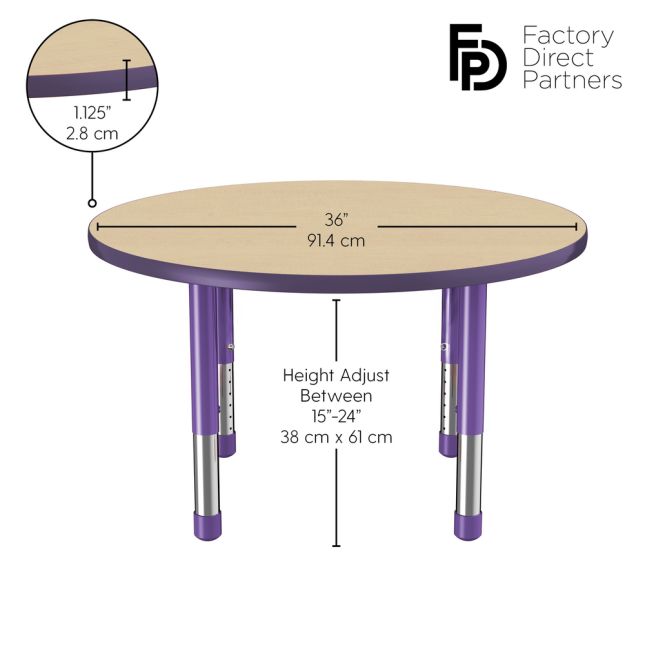 36" Round Thermofused Woodgrain Activity Table with Adjustable Chunky Legs - Maple/Purple