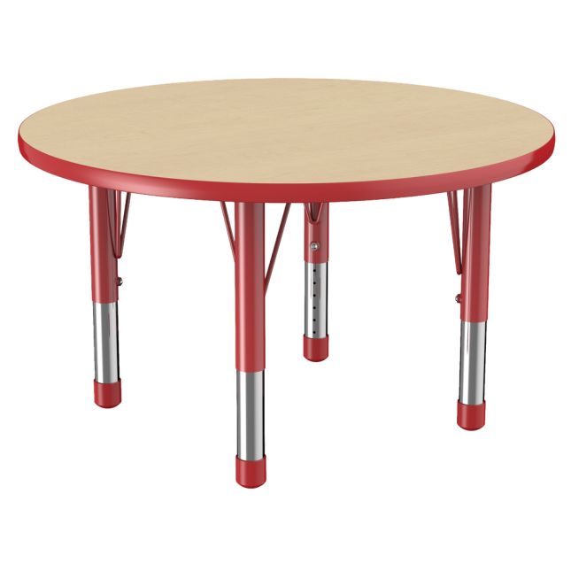 36" Round Thermofused Woodgrain Activity Table with Adjustable Chunky Legs - Maple/Red