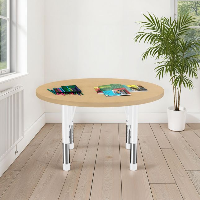 36" Round Thermofused Woodgrain Activity Table with Adjustable Chunky Legs - Maple/White