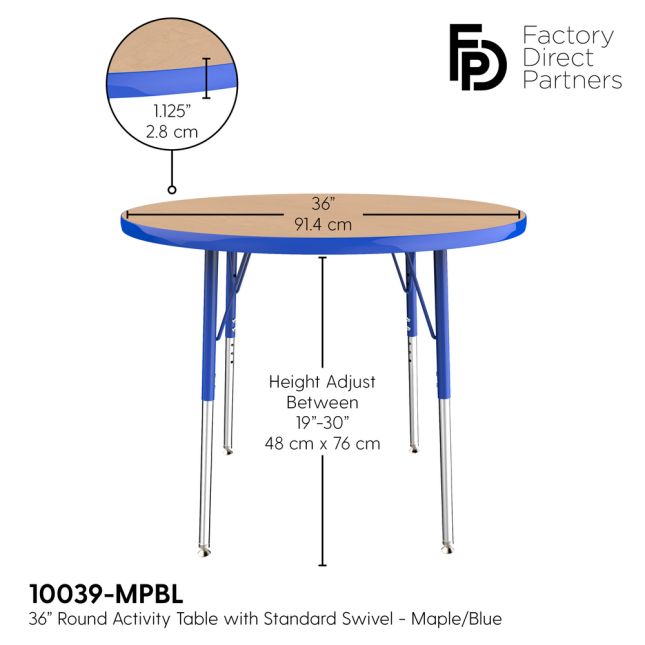 36" Round Activity Table with Adjustable Swivel Glide Legs - Maple/Blue