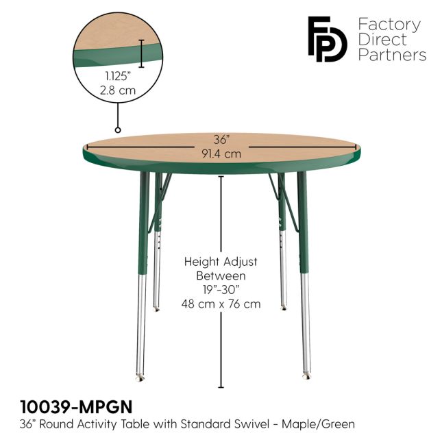 36" Round Activity Table with Adjustable Swivel Glide Legs - Maple/Green