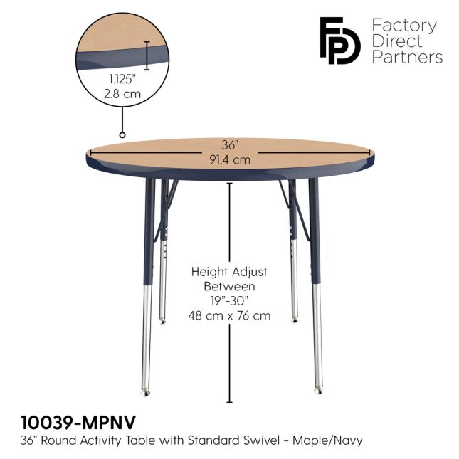 36" Round Activity Table with Adjustable Swivel Glide Legs - Maple/Navy