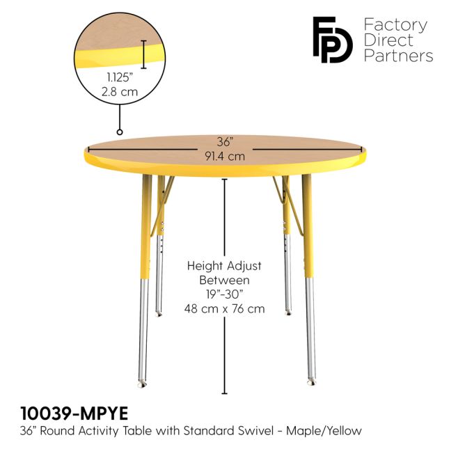 36" Round Activity Table with Adjustable Swivel Glide Legs - Maple/Yellow
