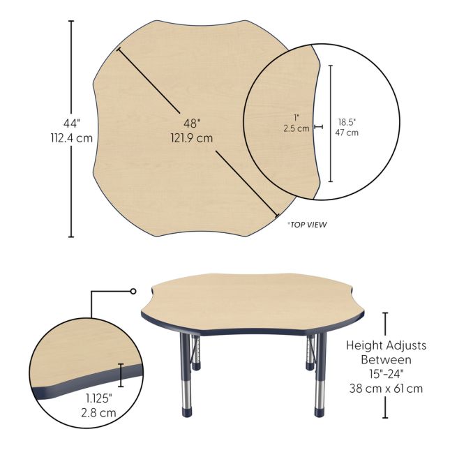 48" x 48" Clover Thermofused Woodgrain Activity Table with Adjustable Chunky Legs - Maple/Navy