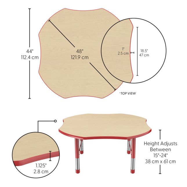 48" x 48" Clover Thermofused Woodgrain Activity Table with Adjustable Chunky Legs - Maple/Red