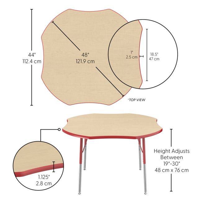 48" x 48" Clover Thermofused Woodgrain Activity Table with Adjustable Standard Legs - Maple/Red