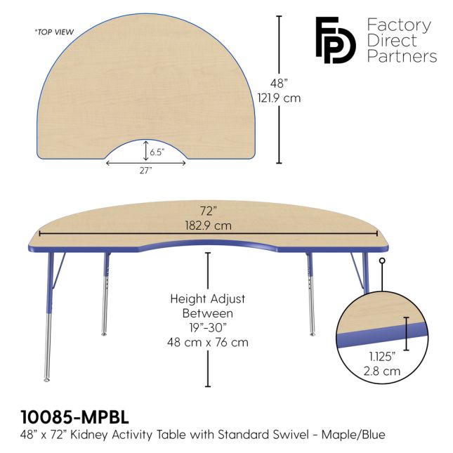 48" x 72" Kidney La Madera Activity Table with Standard Legs - Maple/Blue