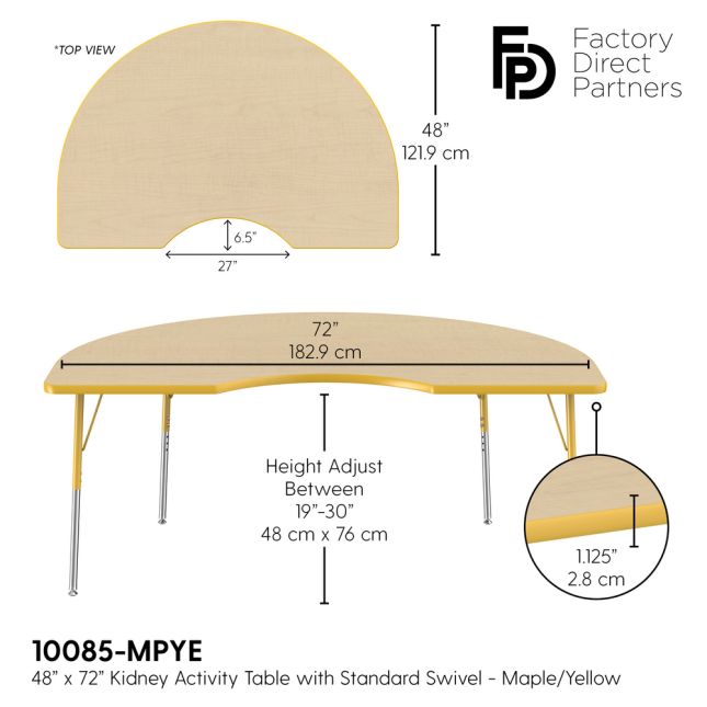 48" x 72" Kidney La Madera Activity Table with Standard Legs - Maple/Yellow