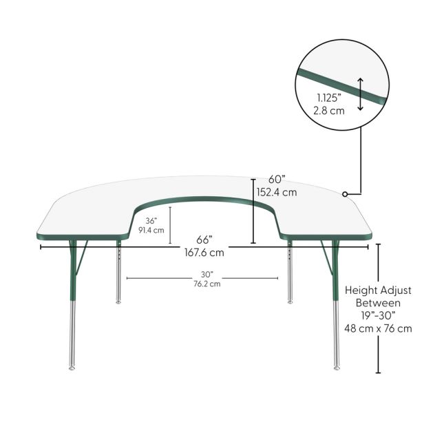 60" x 66" Horseshoe Dry-Erase Activity Table with Adjustable Standard Swivel Glide Legs - Whiteboard/Green