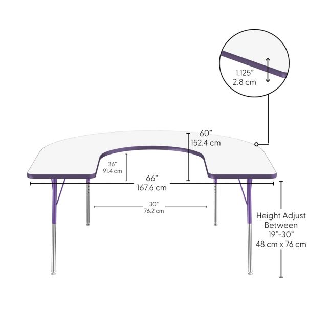 60" x 66" Horseshoe Dry-Erase Activity Table with Adjustable Standard Swivel Glide Legs -Whiteboard/Purple