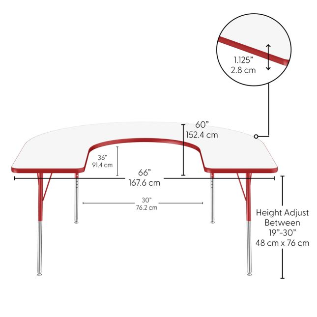 60" x 66" Horseshoe Dry-Erase Activity Table with Adjustable Standard Swivel Glide Legs - Whiteboard/Red