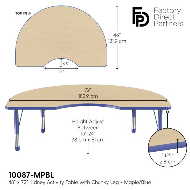 48" x 72" Kidney Woodgrain Activity Table with Adjustable Chunky Legs - Maple/Blue
