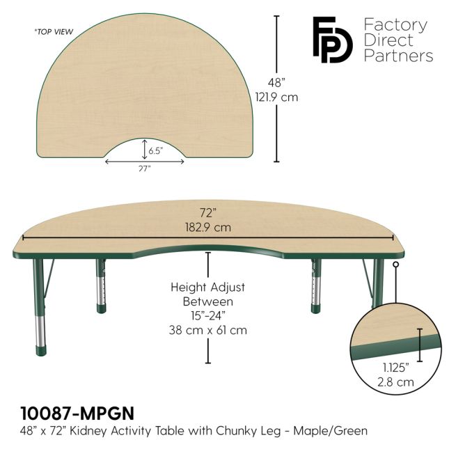 48" x 72" Kidney Woodgrain Activity Table with Adjustable Chunky Legs - Maple/Green