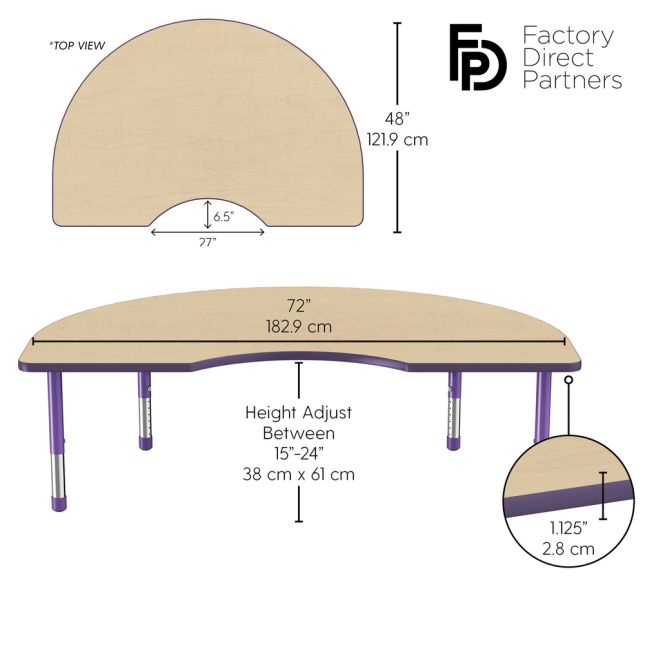 48" x 72" Kidney Woodgrain Activity Table with Adjustable Chunky Legs - Maple/Purple