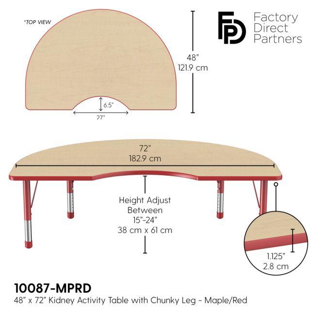 48" x 72" Kidney Woodgrain Activity Table with Adjustable Chunky Legs - Maple/Red