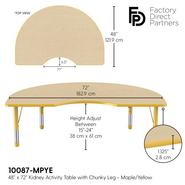48" x 72" Kidney Woodgrain Activity Table with Adjustable Chunky Legs - Maple/Yellow