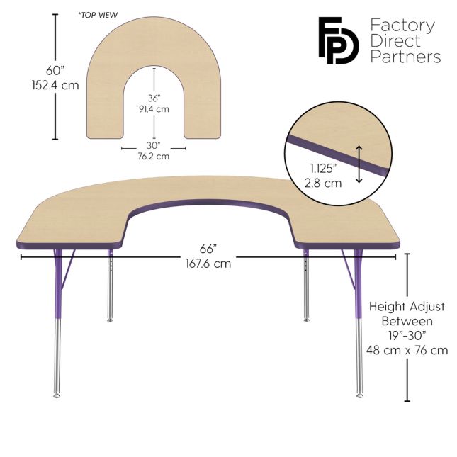 60" x 66" Horseshoe T-Molding Activity Table with Adjustable Standard Swivel Glide Legs - Maple/Purple