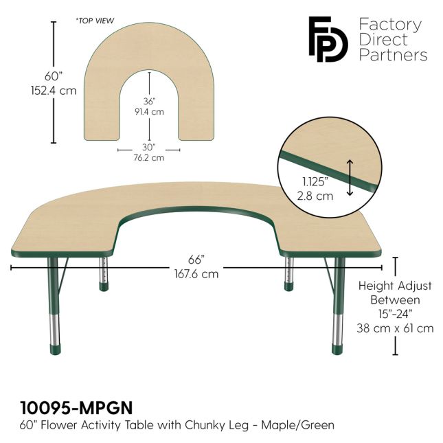 60" x 66" Horseshoe T-Molding Activity Table with Adjustable Chunky Legs - Maple/Green