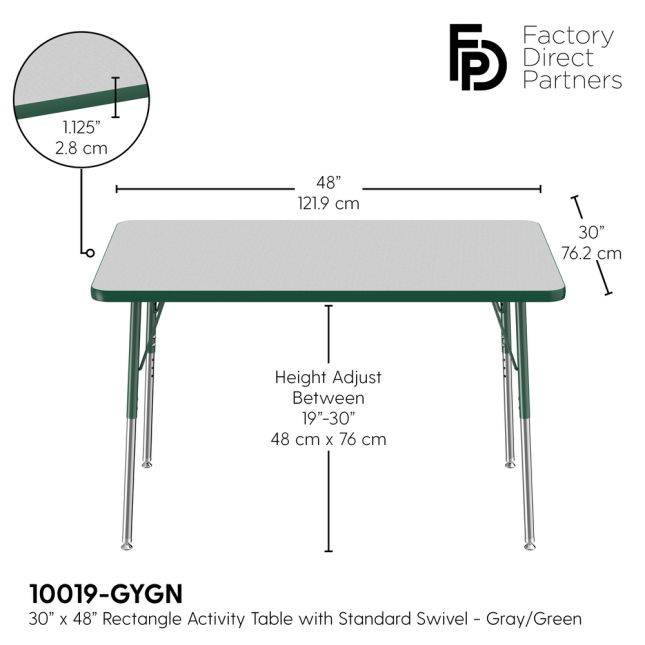 30" x 48" Rectangle Activity Table with Adjustable Swivel Glide Legs - Gray/Green