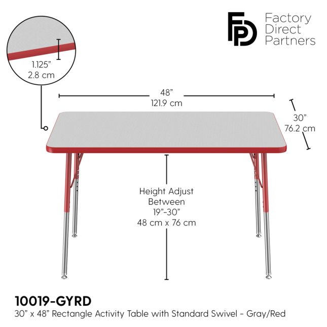 30" x 48" Rectangle Activity Table with Adjustable Swivel Glide Legs - Gray/Red