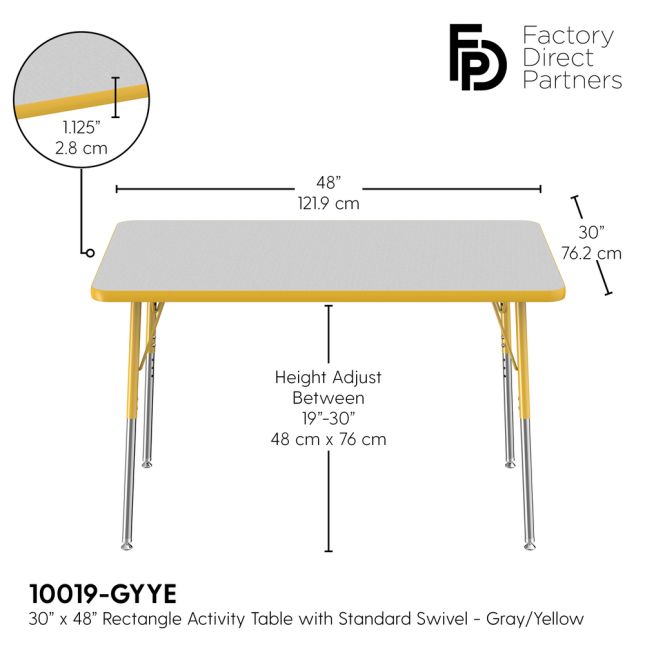 30" x 48" Rectangle Activity Table with Adjustable Swivel Glide Legs - Gray/Yellow